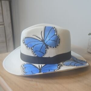 Hand Painted Panama Style Hat Blue Butterflies